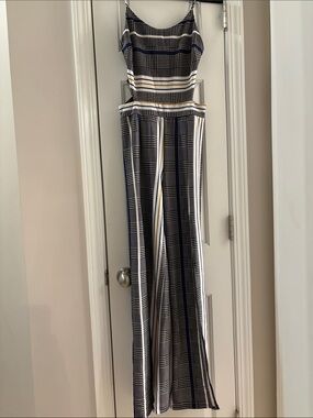 Striped Plaid Sleeveless Jumpsuit in Black and White w Navy & Gold Details
